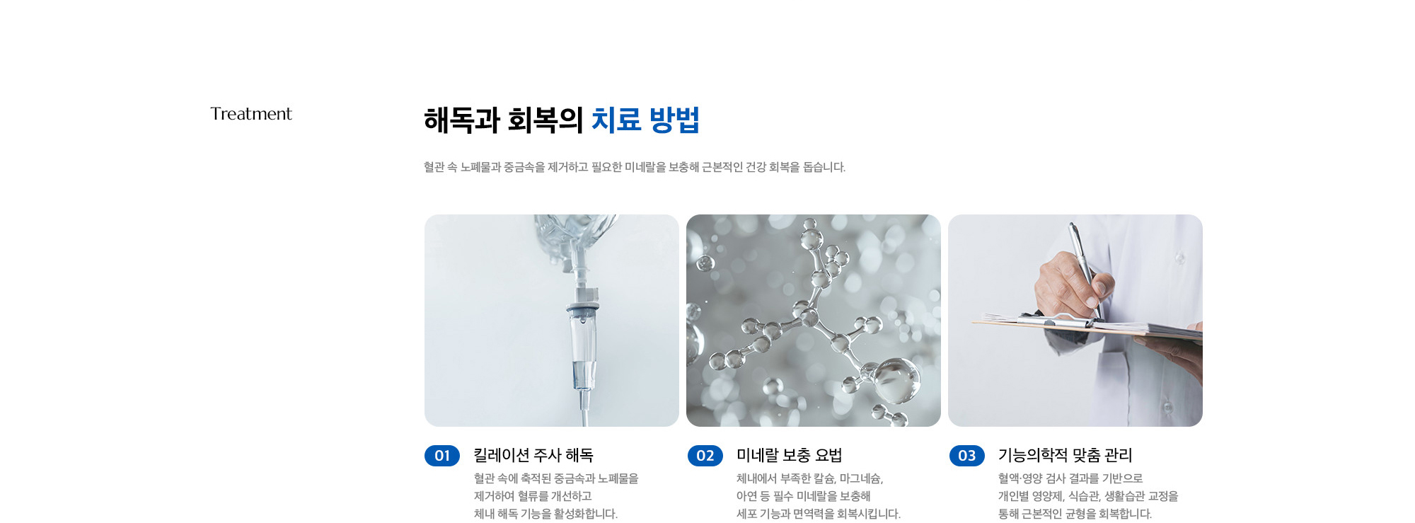 [해독과 회복의 치료 방법] 01. 킬레이션 주사 해독 / 02. 미네랄 보충 요법 / 03. 기능의학적 맞춤 관리